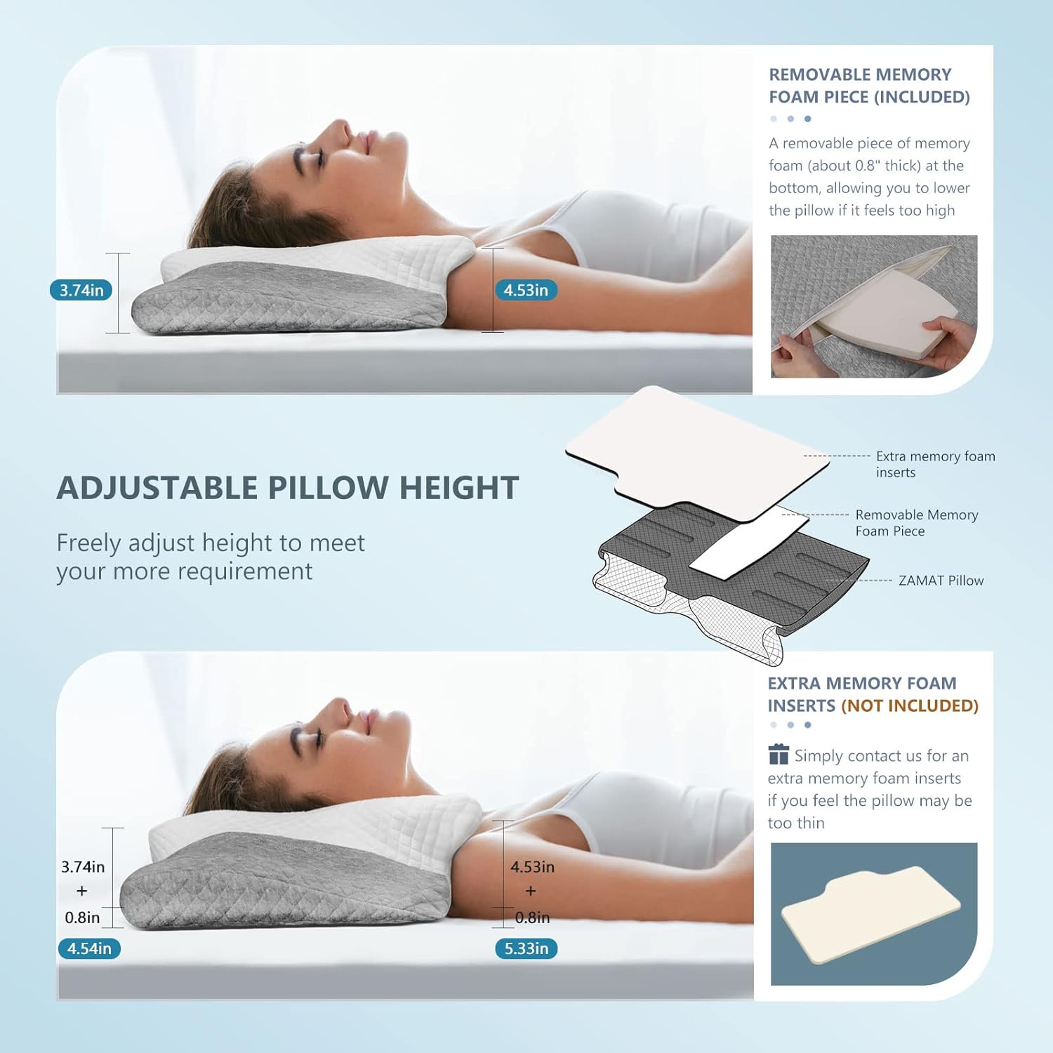 ZAMAT Adjustable Cervical Memory Foam Pillow, Odorless Neck Pillows for Pain Relief, Orthopedic Contour Pillows for Sleeping with Cooling Pillowcase, Bed Support Pillow for Side, Back, Stomach Sleeper