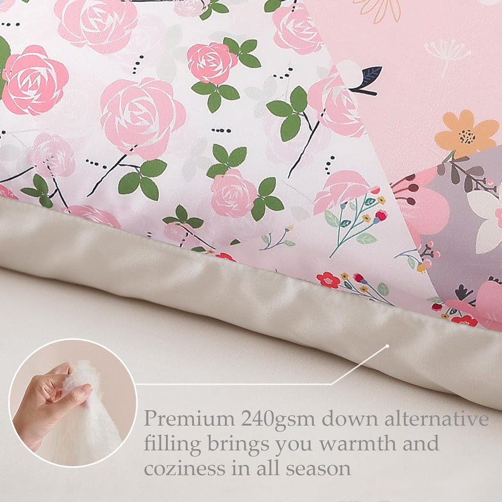 Whale Flotilla 7.5 Tog Double Duvet Set, Soft Reversible Coverless Queen Comforter Set with 2 Pillowcases, Patchwork Printed Down Alternative Bedding Comforters for All Seasons, Pink