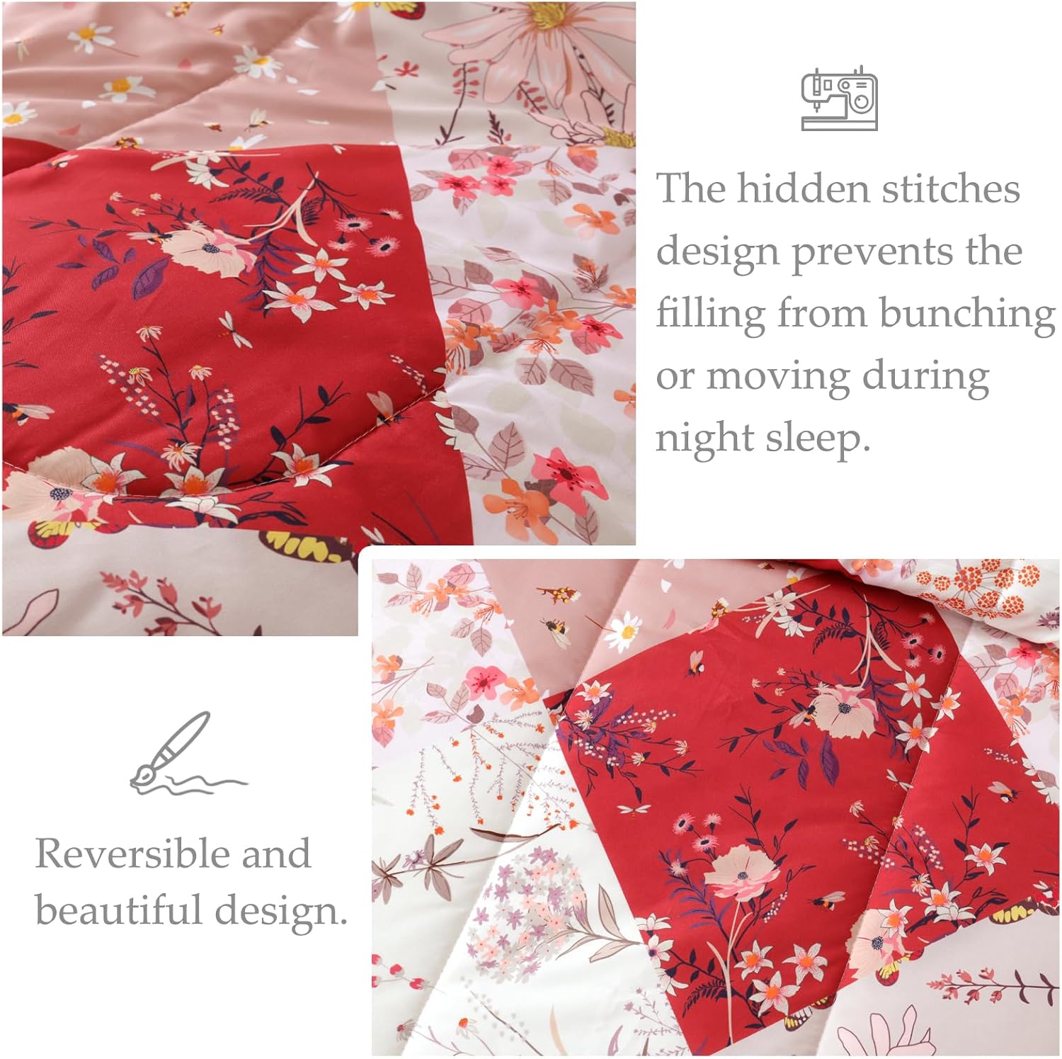 Whale Flotilla 7.5 Tog Double Duvet Set, Soft Reversible Coverless Queen Comforter Set with 2 Pillowcases, Patchwork Printed Down Alternative Bedding Comforters for All Seasons, Pink