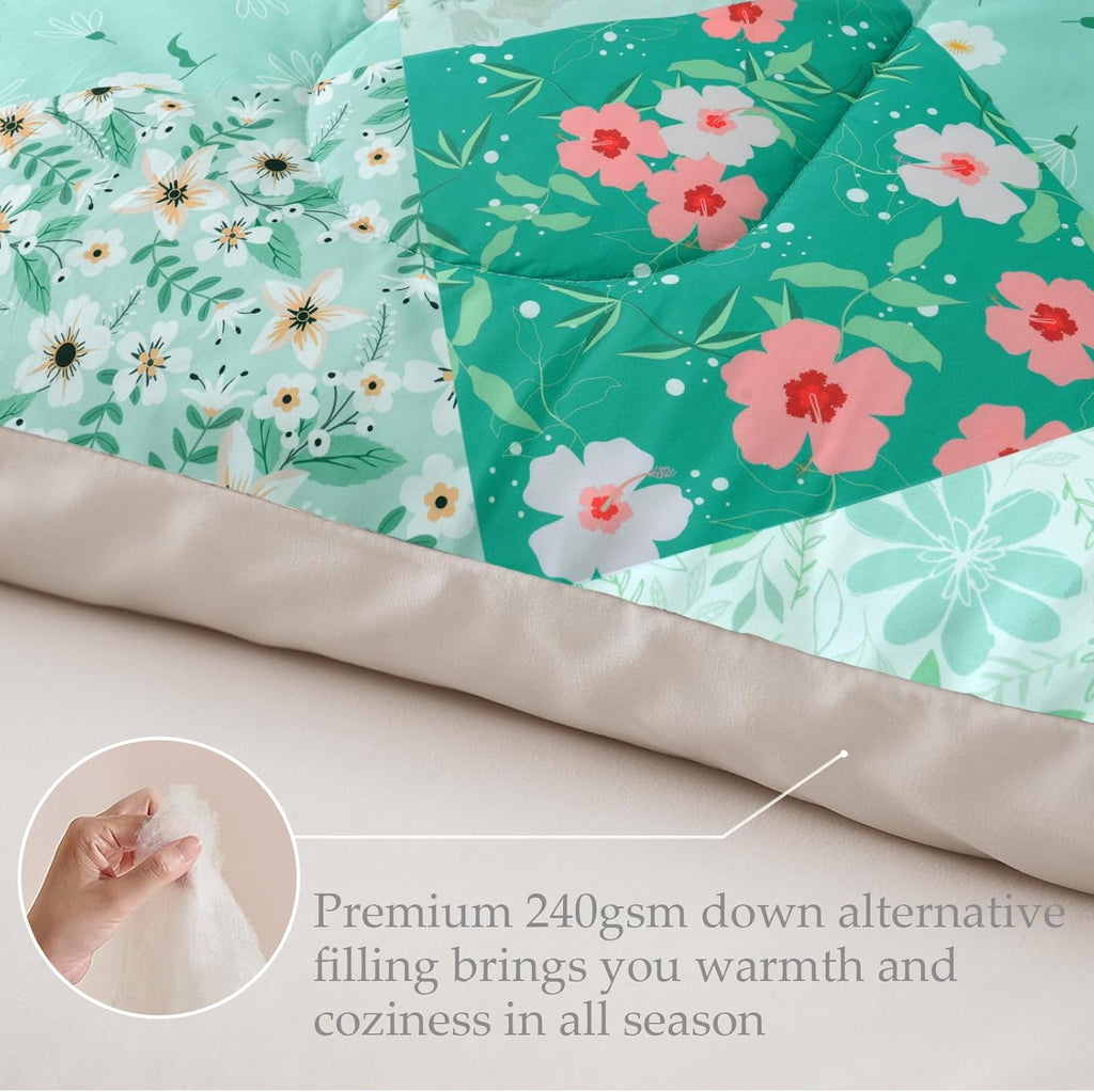 Whale Flotilla 7.5 Tog Double Duvet Set, Soft Reversible Coverless Queen Comforter Set with 2 Pillowcases, Patchwork Printed Down Alternative Bedding Comforters for All Seasons, Pink