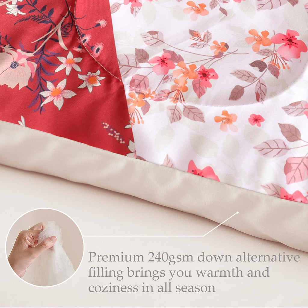 Whale Flotilla 7.5 Tog Double Duvet Set, Soft Reversible Coverless Queen Comforter Set with 2 Pillowcases, Patchwork Printed Down Alternative Bedding Comforters for All Seasons, Pink