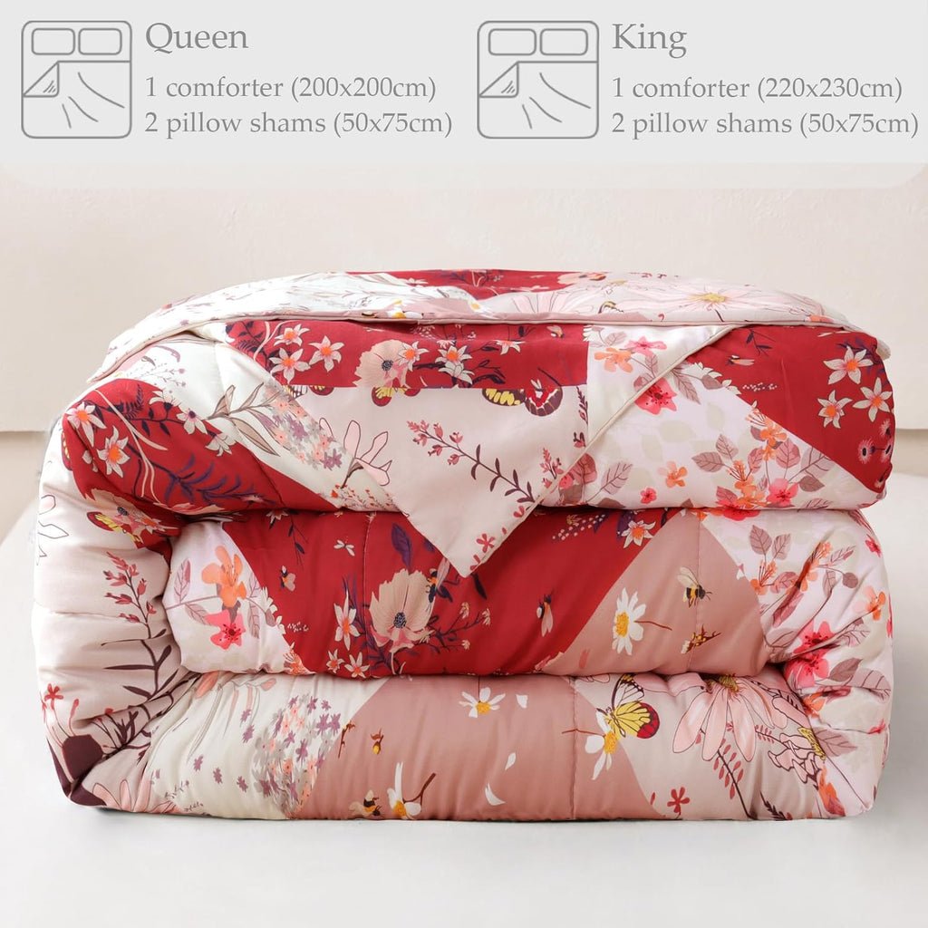 Whale Flotilla 7.5 Tog Double Duvet Set, Soft Reversible Coverless Queen Comforter Set with 2 Pillowcases, Patchwork Printed Down Alternative Bedding Comforters for All Seasons, Pink