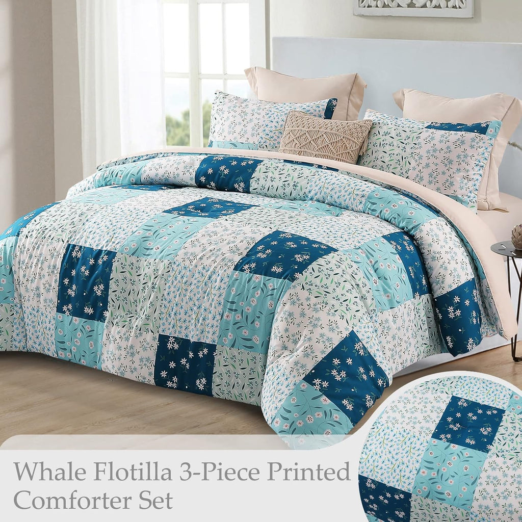 Whale Flotilla 7.5 Tog Double Duvet Set, Soft Reversible Coverless Queen Comforter Set with 2 Pillowcases, Patchwork Printed Down Alternative Bedding Comforters for All Seasons, Pink