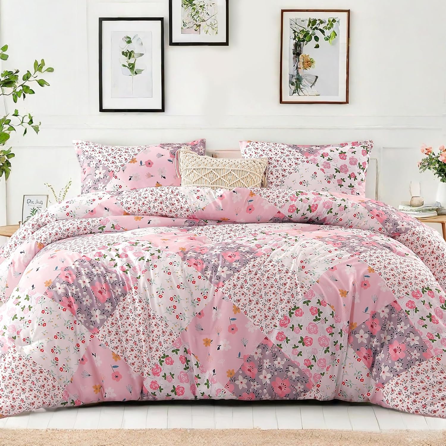 Whale Flotilla 7.5 Tog Double Duvet Set, Soft Reversible Coverless Queen Comforter Set with 2 Pillowcases, Patchwork Printed Down Alternative Bedding Comforters for All Seasons, Pink