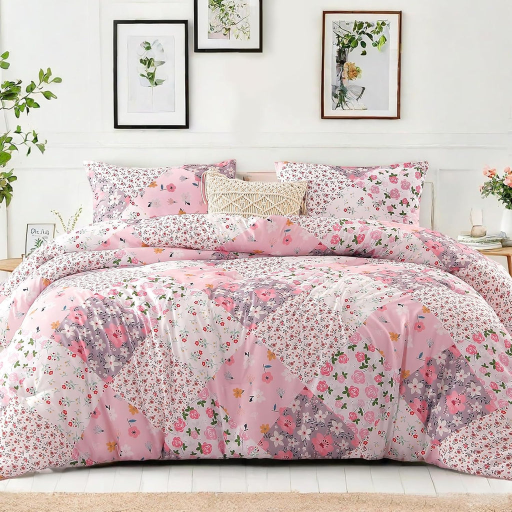 Whale Flotilla 7.5 Tog Double Duvet Set, Soft Reversible Coverless Queen Comforter Set with 2 Pillowcases, Patchwork Printed Down Alternative Bedding Comforters for All Seasons, Pink