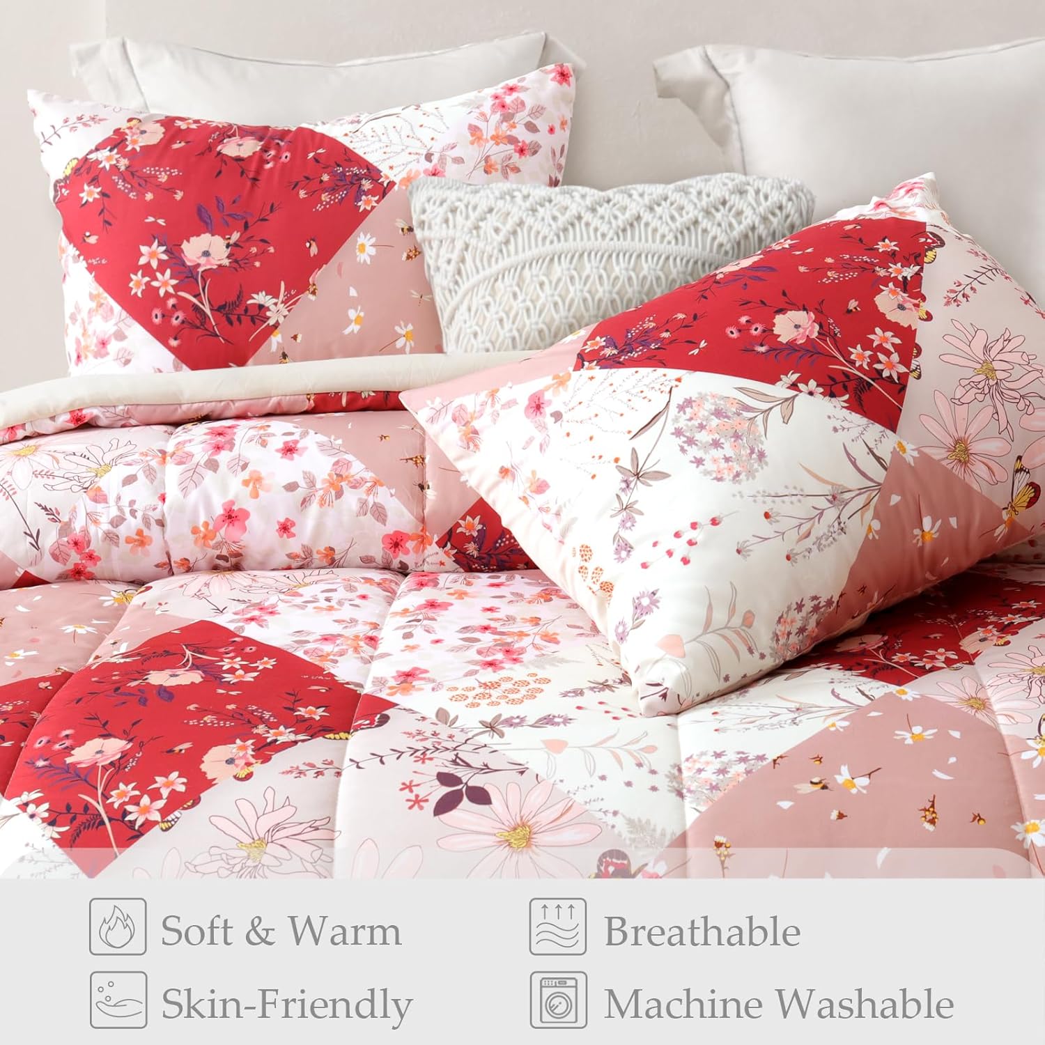 Whale Flotilla 7.5 Tog Double Duvet Set, Soft Reversible Coverless Queen Comforter Set with 2 Pillowcases, Patchwork Printed Down Alternative Bedding Comforters for All Seasons, Pink