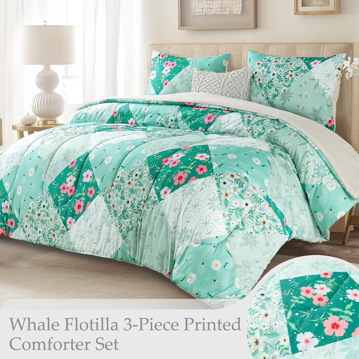 Whale Flotilla 7.5 Tog Double Duvet Set, Soft Reversible Coverless Queen Comforter Set with 2 Pillowcases, Patchwork Printed Down Alternative Bedding Comforters for All Seasons, Pink