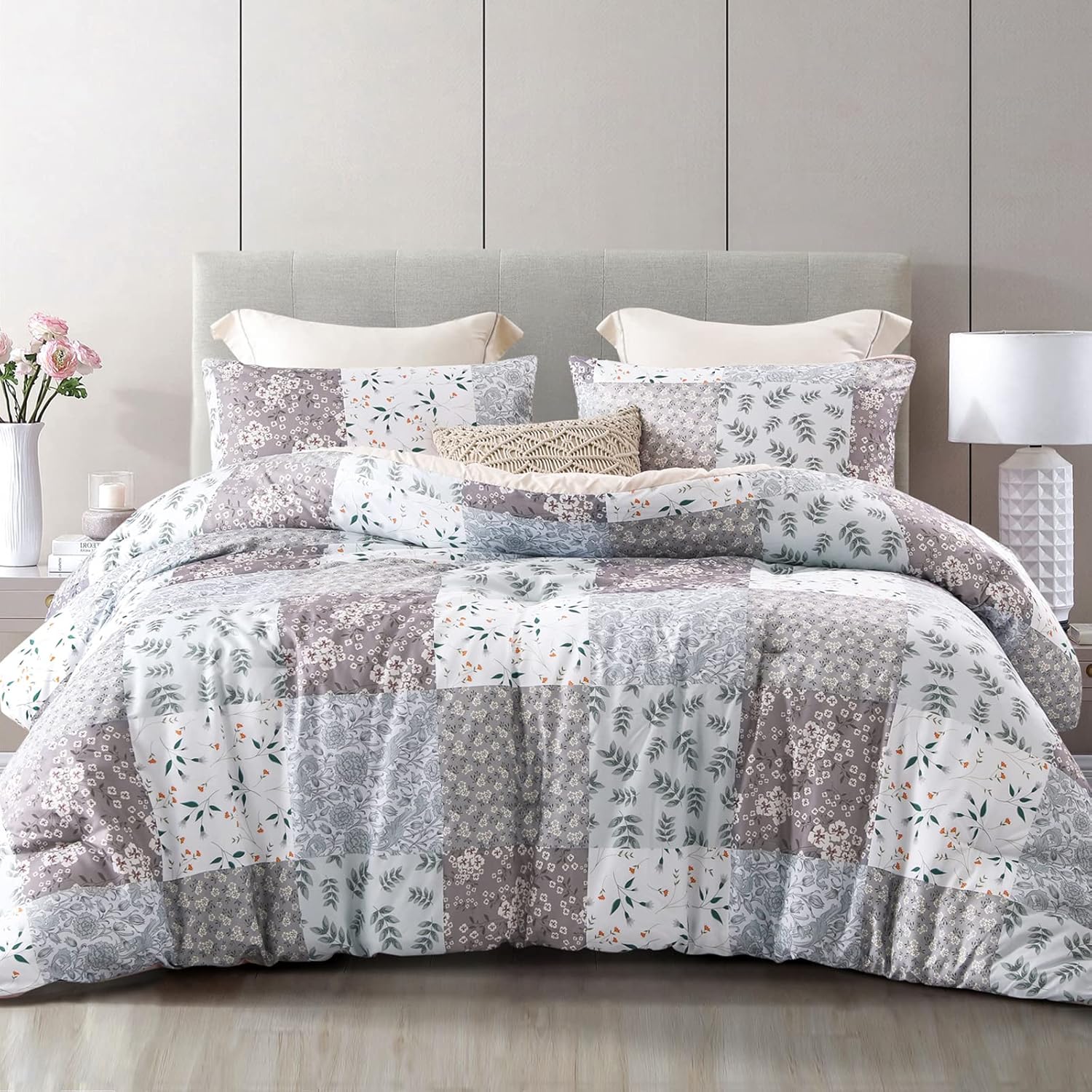 Whale Flotilla 7.5 Tog Double Duvet Set, Soft Reversible Coverless Queen Comforter Set with 2 Pillowcases, Patchwork Printed Down Alternative Bedding Comforters for All Seasons, Pink