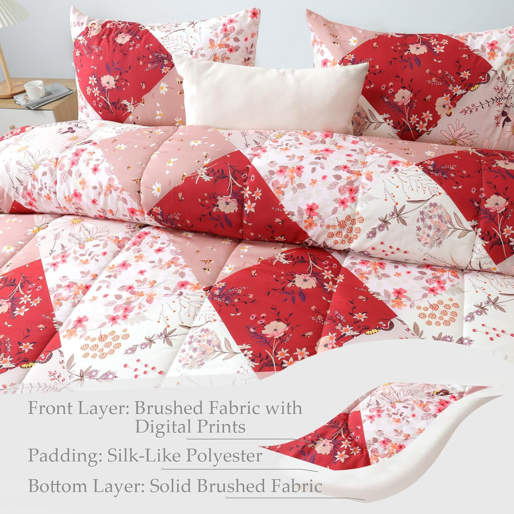 Whale Flotilla 7.5 Tog Double Duvet Set, Soft Reversible Coverless Queen Comforter Set with 2 Pillowcases, Patchwork Printed Down Alternative Bedding Comforters for All Seasons, Pink