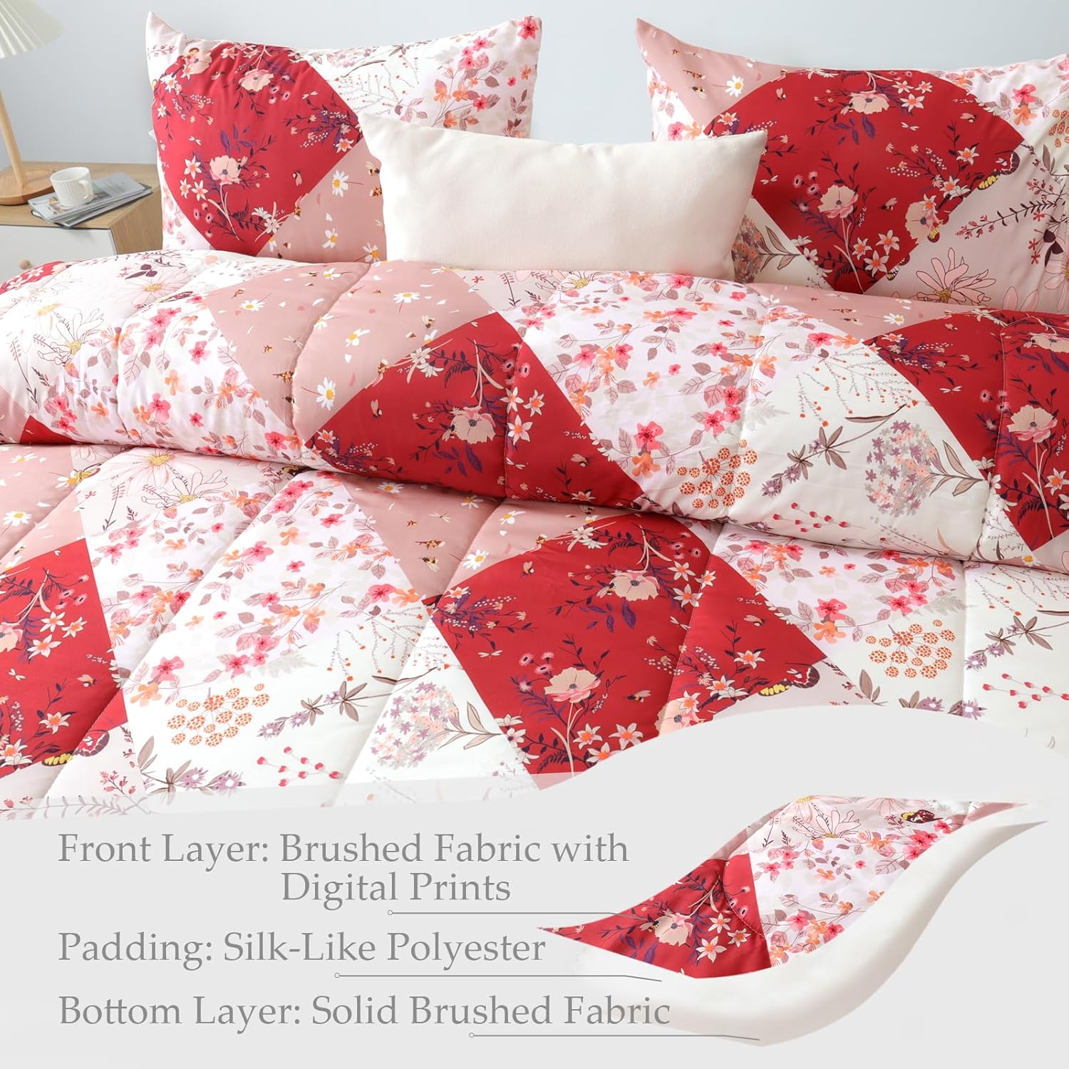 Whale Flotilla 7.5 Tog Double Duvet Set, Soft Reversible Coverless Queen Comforter Set with 2 Pillowcases, Patchwork Printed Down Alternative Bedding Comforters for All Seasons, Pink