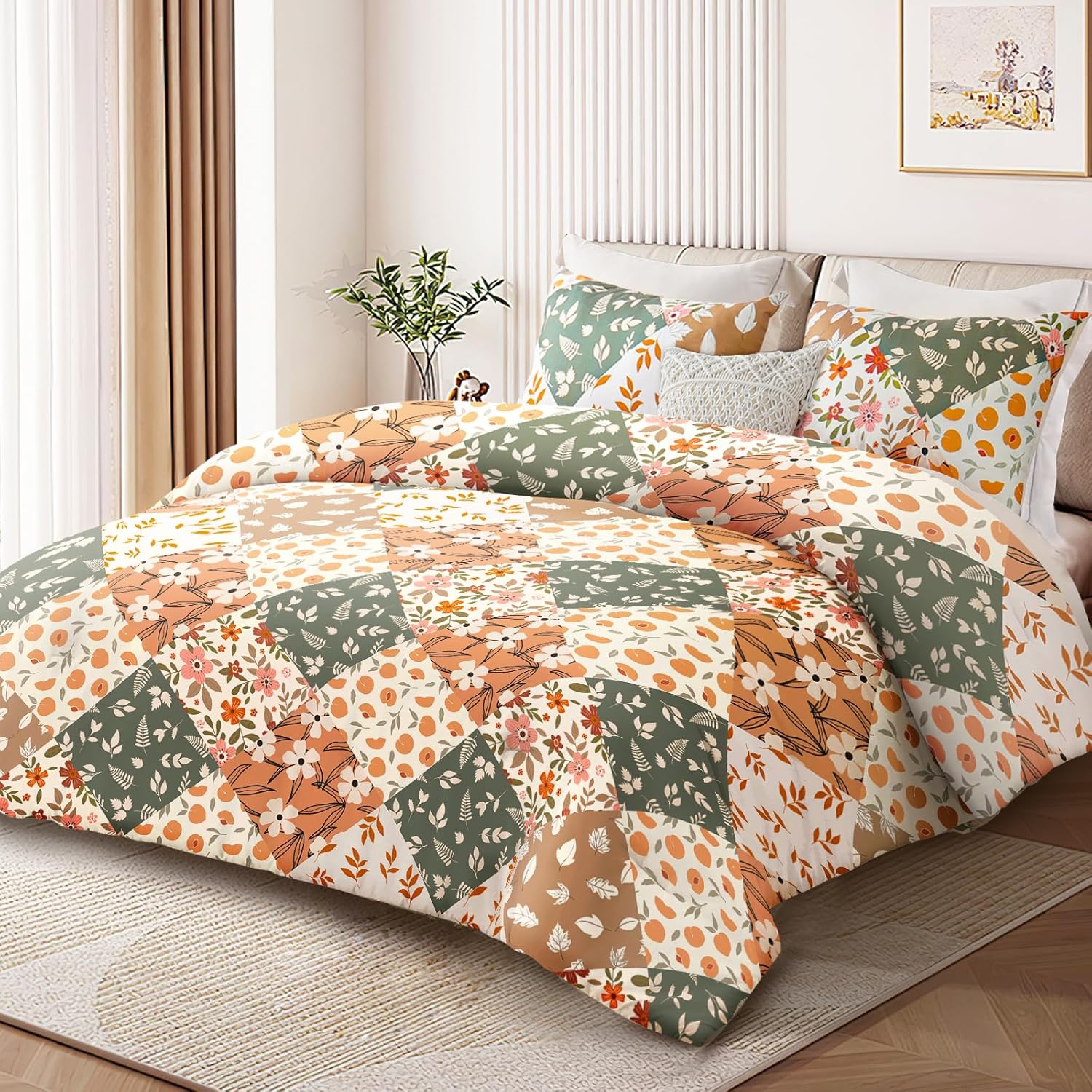 Whale Flotilla 7.5 Tog Double Duvet Set, Soft Reversible Coverless Queen Comforter Set with 2 Pillowcases, Patchwork Printed Down Alternative Bedding Comforters for All Seasons, Pink