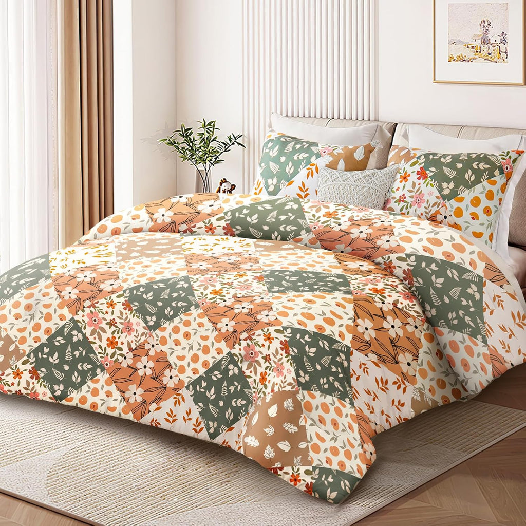 Whale Flotilla 7.5 Tog Double Duvet Set, Soft Reversible Coverless Queen Comforter Set with 2 Pillowcases, Patchwork Printed Down Alternative Bedding Comforters for All Seasons, Pink