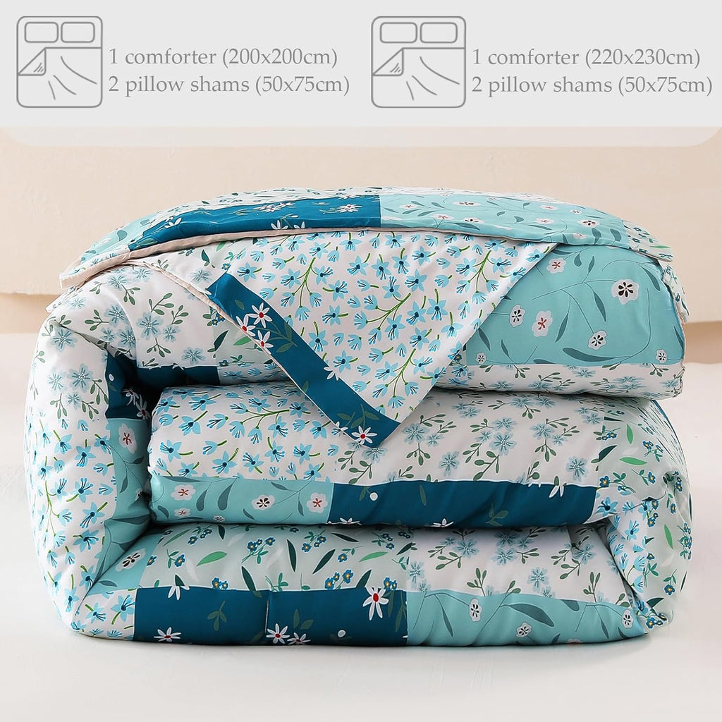 Whale Flotilla 7.5 Tog Double Duvet Set, Soft Reversible Coverless Queen Comforter Set with 2 Pillowcases, Patchwork Printed Down Alternative Bedding Comforters for All Seasons, Pink