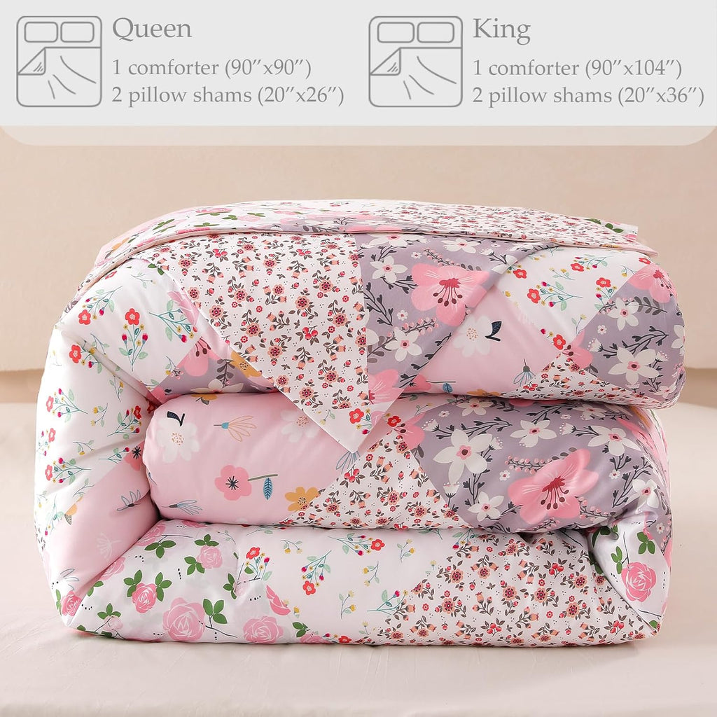 Whale Flotilla 7.5 Tog Double Duvet Set, Soft Reversible Coverless Queen Comforter Set with 2 Pillowcases, Patchwork Printed Down Alternative Bedding Comforters for All Seasons, Pink