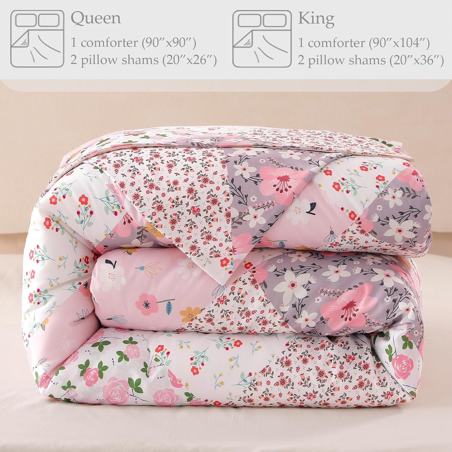 Whale Flotilla 7.5 Tog Double Duvet Set, Soft Reversible Coverless Queen Comforter Set with 2 Pillowcases, Patchwork Printed Down Alternative Bedding Comforters for All Seasons, Pink