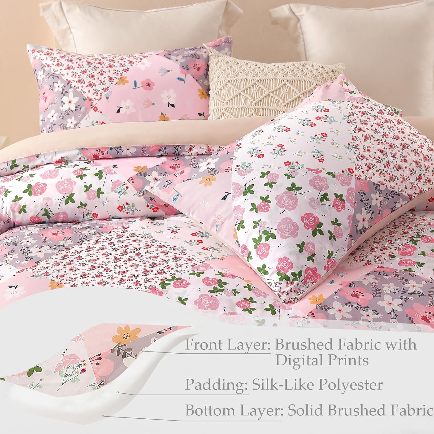 Whale Flotilla 7.5 Tog Double Duvet Set, Soft Reversible Coverless Queen Comforter Set with 2 Pillowcases, Patchwork Printed Down Alternative Bedding Comforters for All Seasons, Pink