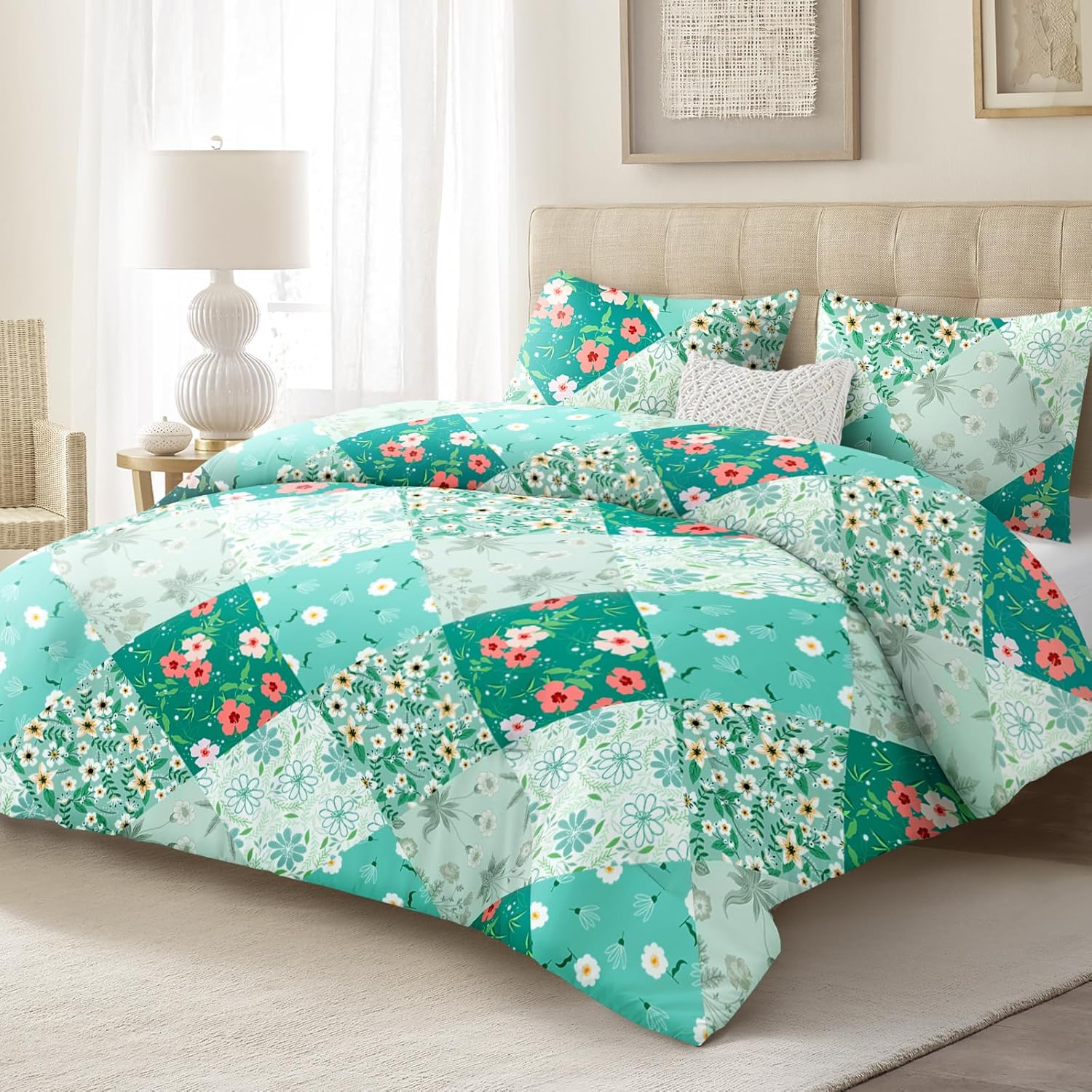 Whale Flotilla 7.5 Tog Double Duvet Set, Soft Reversible Coverless Queen Comforter Set with 2 Pillowcases, Patchwork Printed Down Alternative Bedding Comforters for All Seasons, Pink