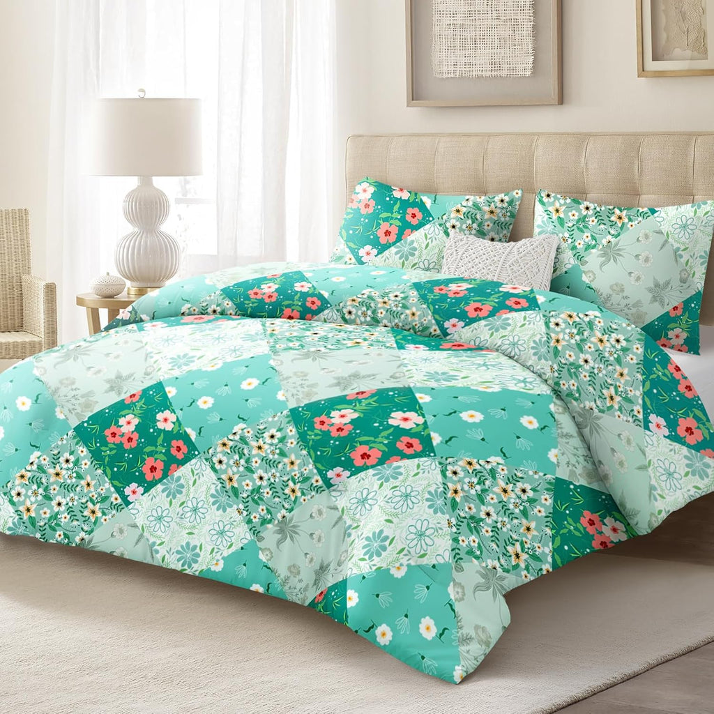 Whale Flotilla 7.5 Tog Double Duvet Set, Soft Reversible Coverless Queen Comforter Set with 2 Pillowcases, Patchwork Printed Down Alternative Bedding Comforters for All Seasons, Pink