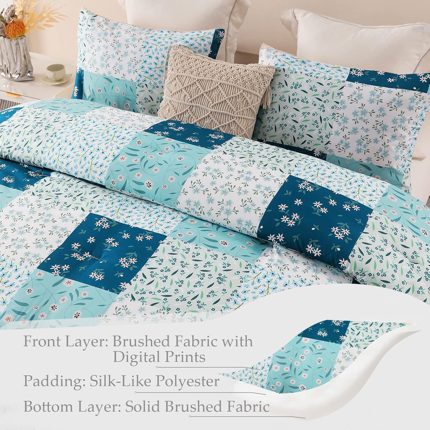 Whale Flotilla 7.5 Tog Double Duvet Set, Soft Reversible Coverless Queen Comforter Set with 2 Pillowcases, Patchwork Printed Down Alternative Bedding Comforters for All Seasons, Pink