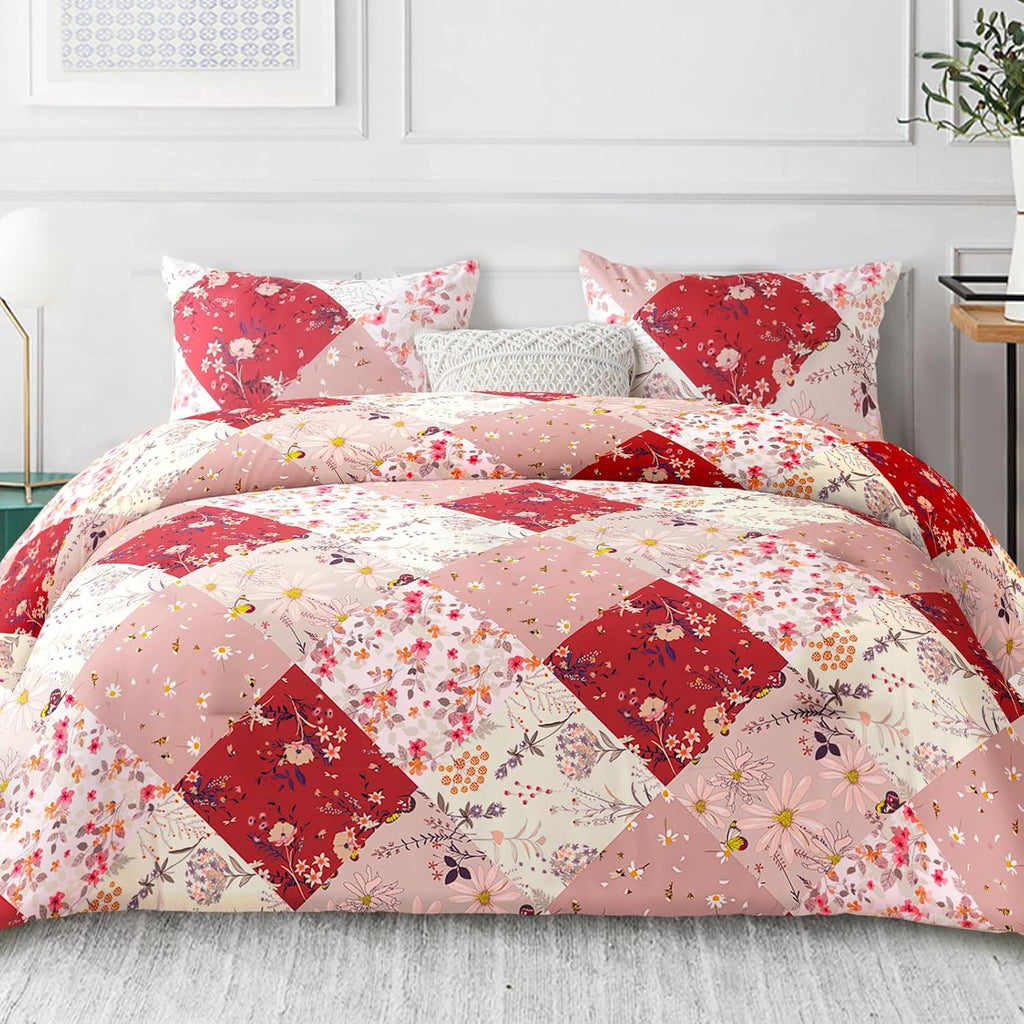 Whale Flotilla 7.5 Tog Double Duvet Set, Soft Reversible Coverless Queen Comforter Set with 2 Pillowcases, Patchwork Printed Down Alternative Bedding Comforters for All Seasons, Pink
