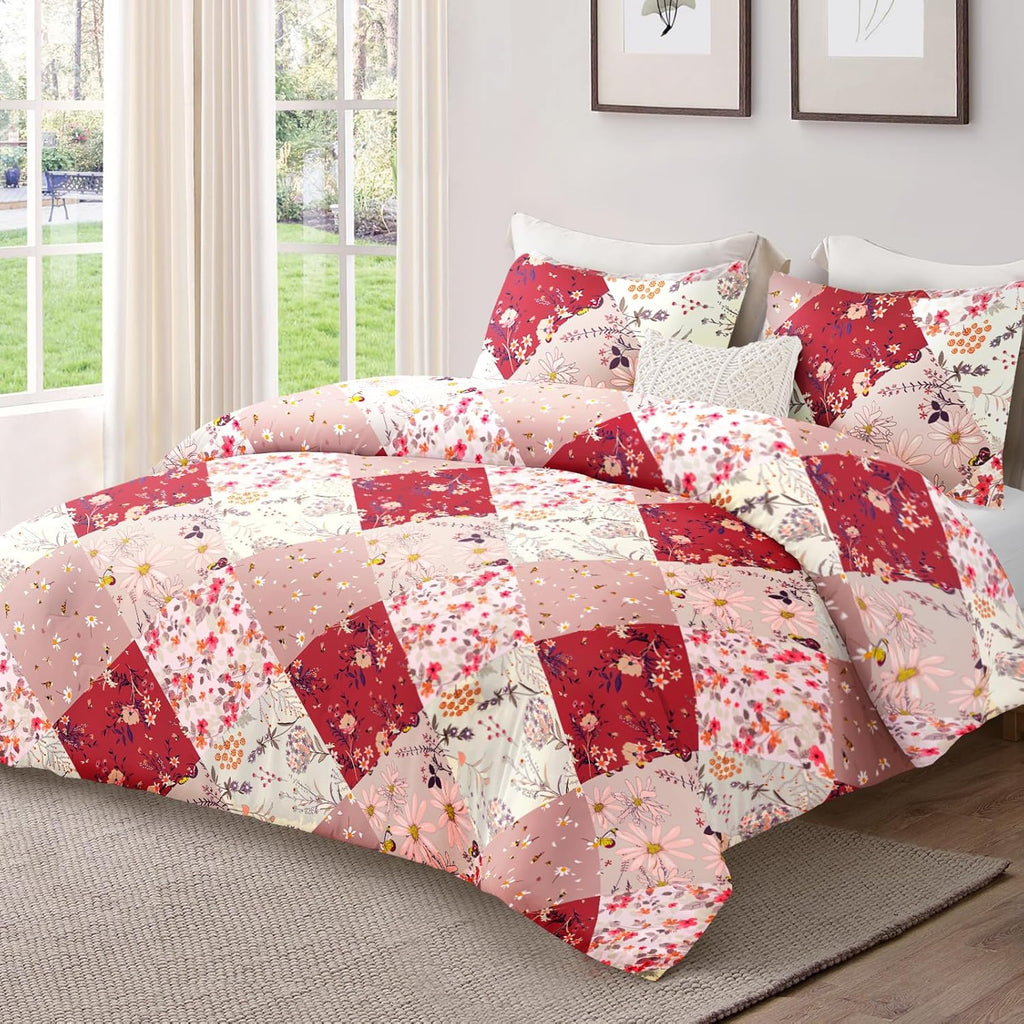 Whale Flotilla 7.5 Tog Double Duvet Set, Soft Reversible Coverless Queen Comforter Set with 2 Pillowcases, Patchwork Printed Down Alternative Bedding Comforters for All Seasons, Pink