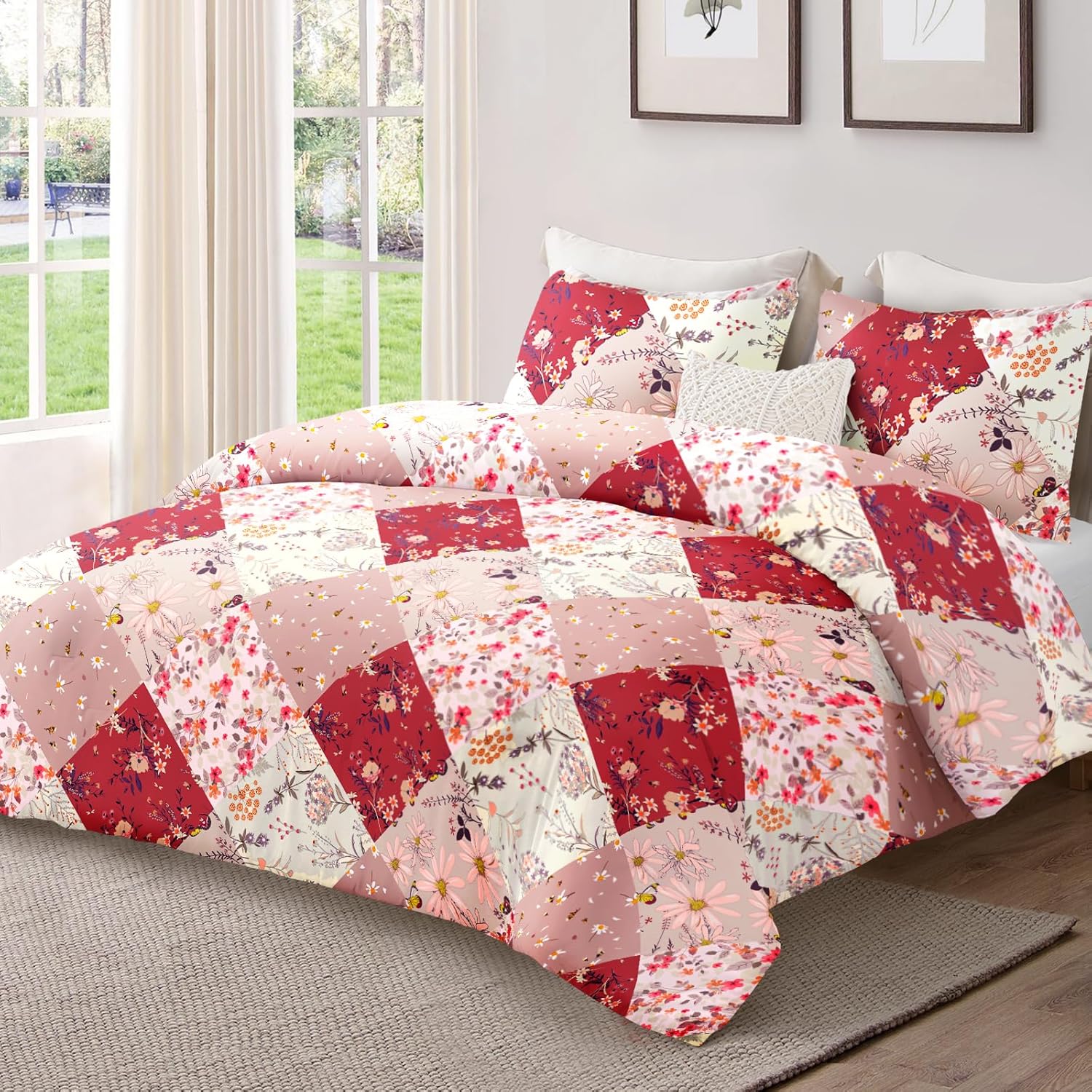 Whale Flotilla 7.5 Tog Double Duvet Set, Soft Reversible Coverless Queen Comforter Set with 2 Pillowcases, Patchwork Printed Down Alternative Bedding Comforters for All Seasons, Pink