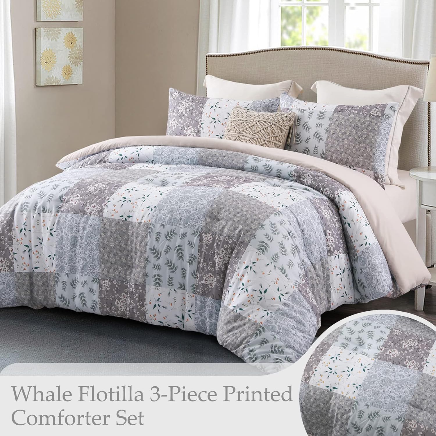 Whale Flotilla 7.5 Tog Double Duvet Set, Soft Reversible Coverless Queen Comforter Set with 2 Pillowcases, Patchwork Printed Down Alternative Bedding Comforters for All Seasons, Pink