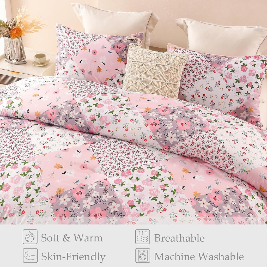 Whale Flotilla 7.5 Tog Double Duvet Set, Soft Reversible Coverless Queen Comforter Set with 2 Pillowcases, Patchwork Printed Down Alternative Bedding Comforters for All Seasons, Pink