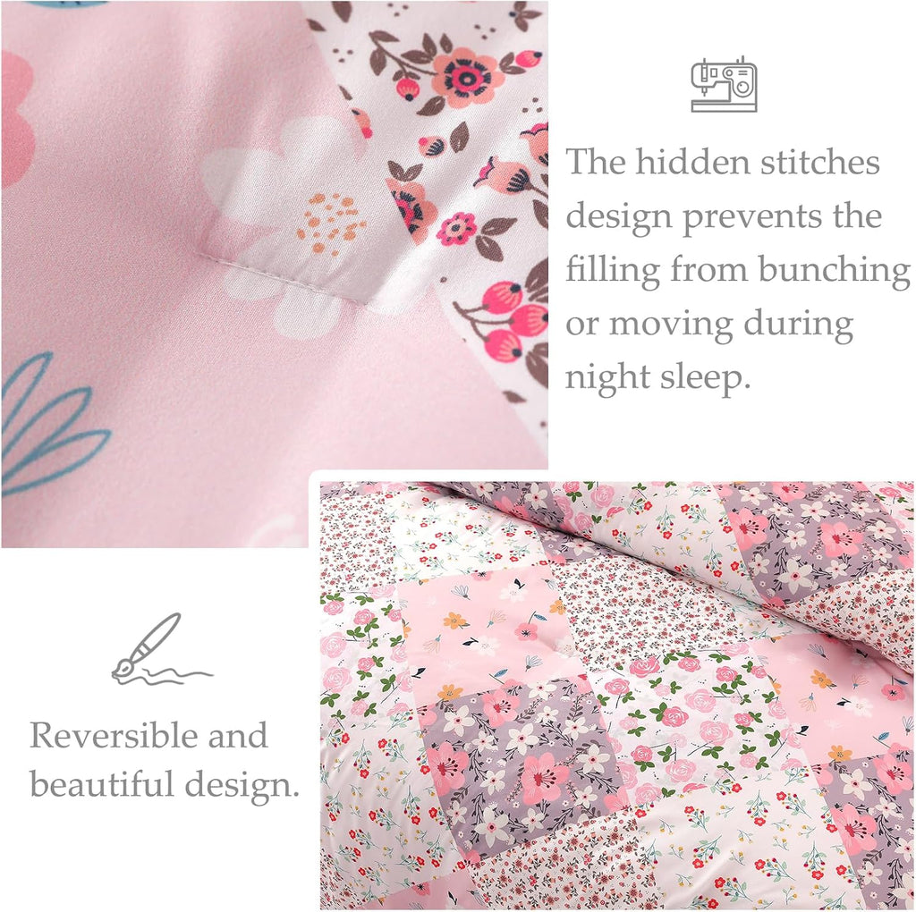 Whale Flotilla 7.5 Tog Double Duvet Set, Soft Reversible Coverless Queen Comforter Set with 2 Pillowcases, Patchwork Printed Down Alternative Bedding Comforters for All Seasons, Pink