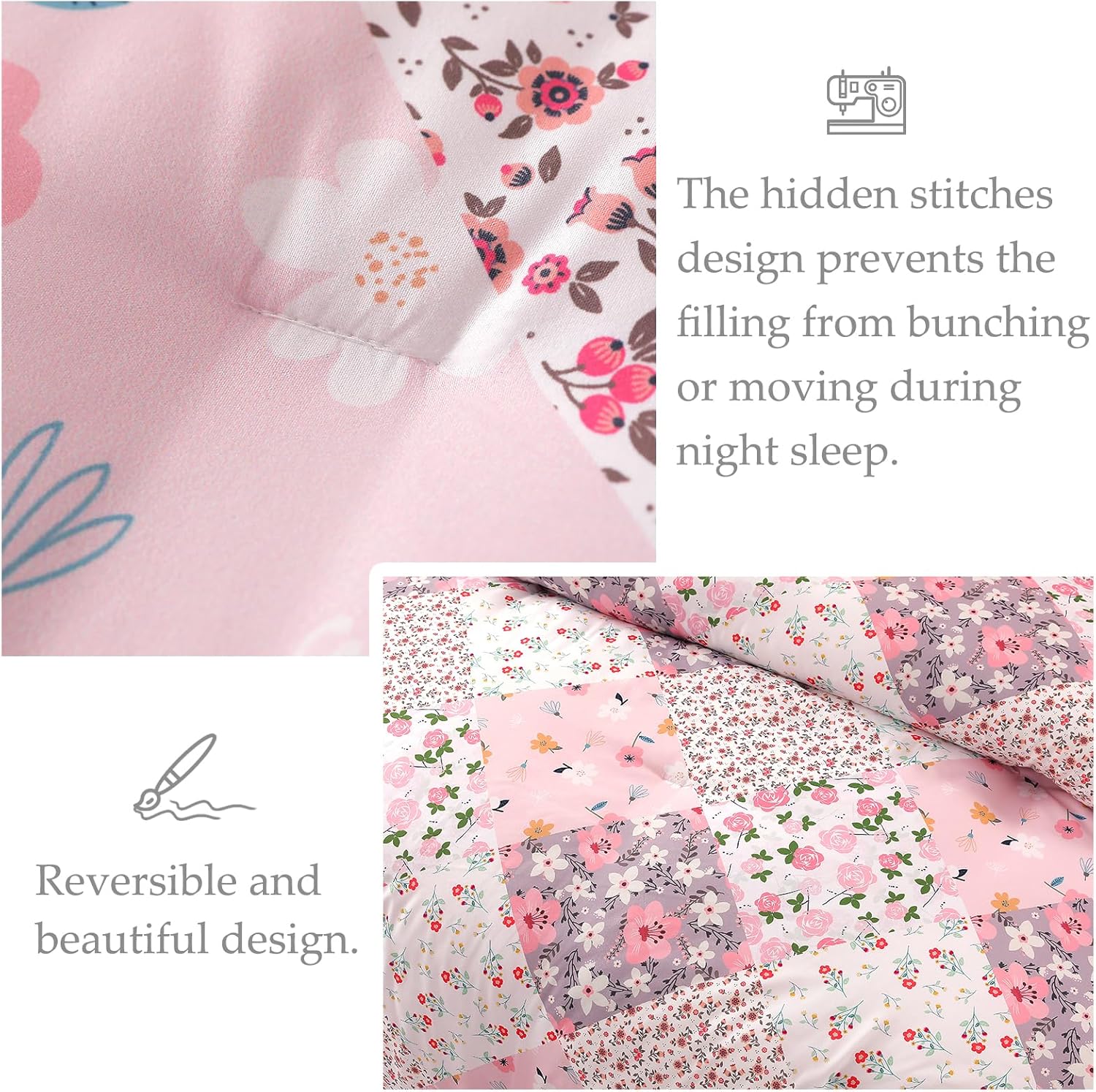 Whale Flotilla 7.5 Tog Double Duvet Set, Soft Reversible Coverless Queen Comforter Set with 2 Pillowcases, Patchwork Printed Down Alternative Bedding Comforters for All Seasons, Pink