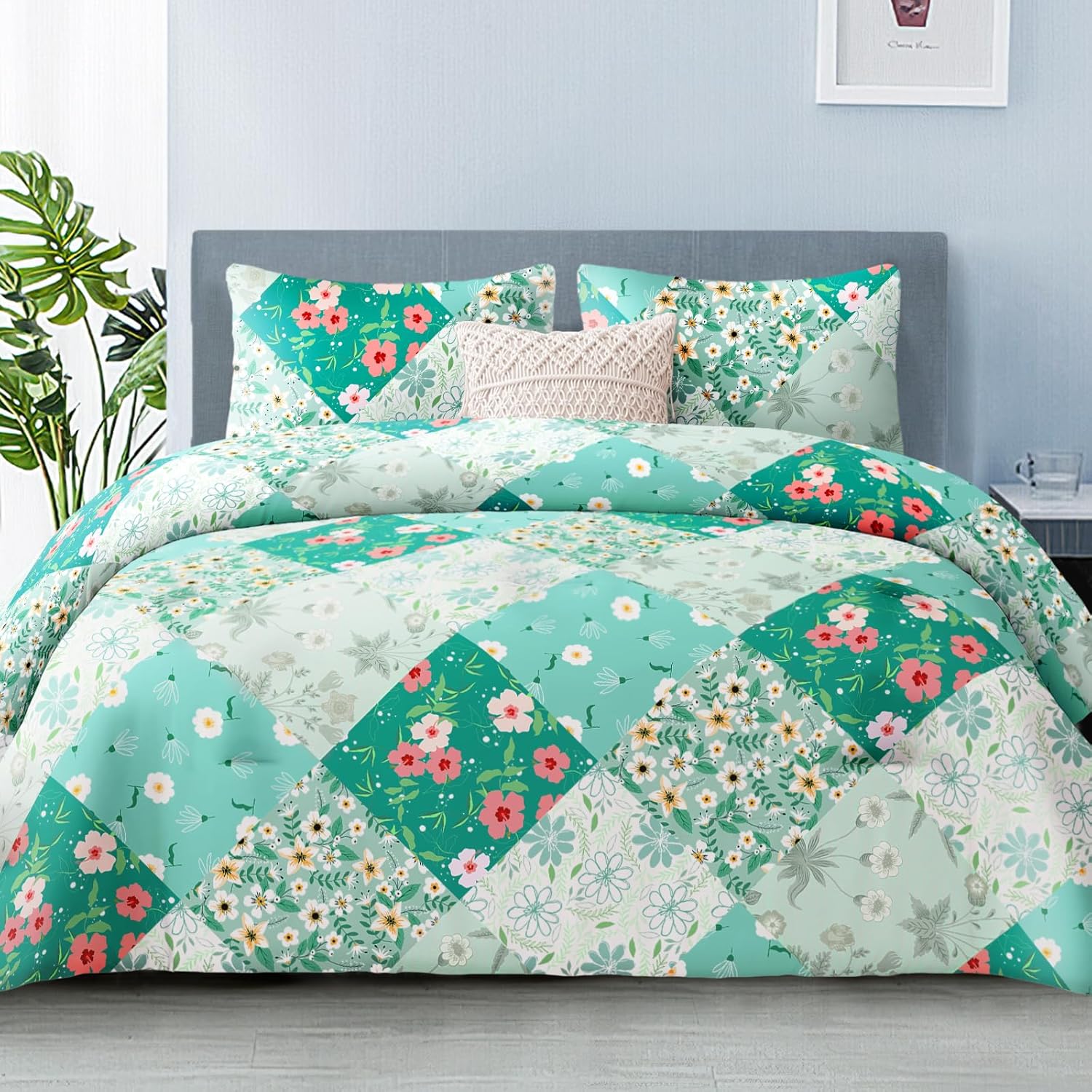 Whale Flotilla 7.5 Tog Double Duvet Set, Soft Reversible Coverless Queen Comforter Set with 2 Pillowcases, Patchwork Printed Down Alternative Bedding Comforters for All Seasons, Pink