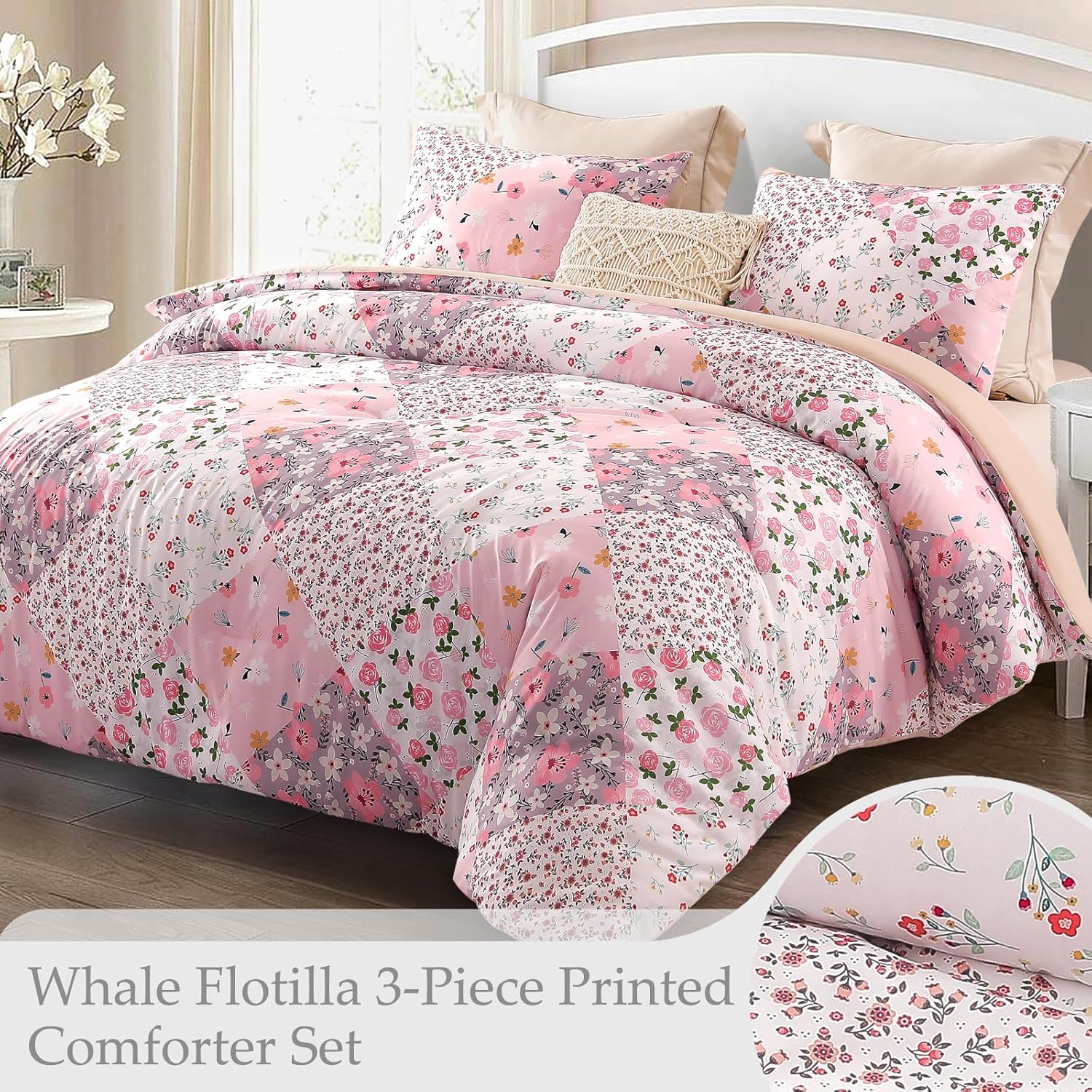 Whale Flotilla 7.5 Tog Double Duvet Set, Soft Reversible Coverless Queen Comforter Set with 2 Pillowcases, Patchwork Printed Down Alternative Bedding Comforters for All Seasons, Pink